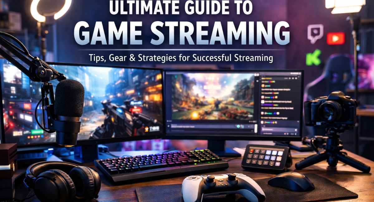 ultimate game streaming setup with RGB lighting, dual monitors, microphone, camera and gaming gear, professional streaming workspace for beginners and pro streamers