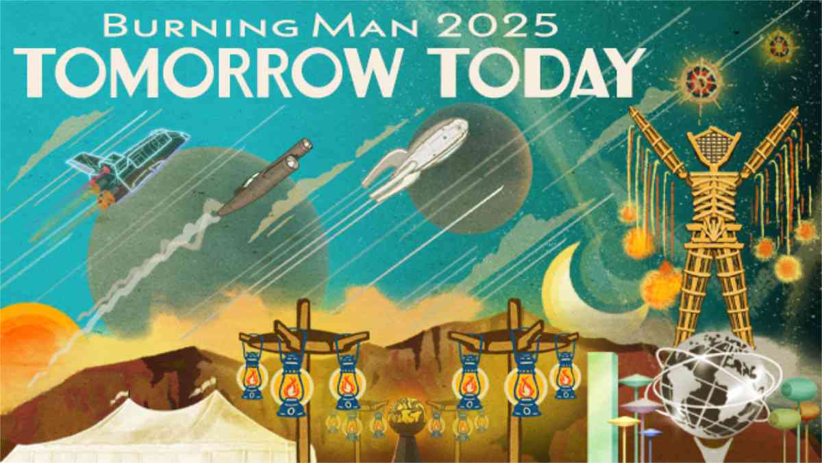 Colorful crowd dancing and celebrating at Burning Man festival 2025