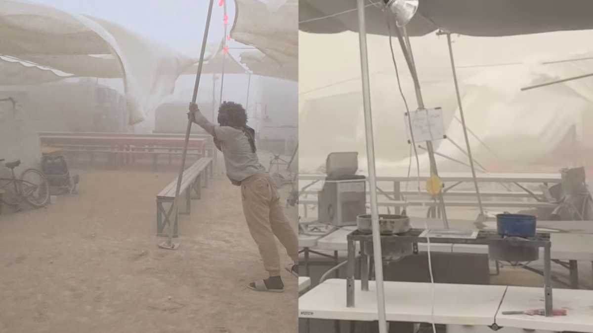 Dramatic dust storm blowing through Burning Man campsites in Nevada desert