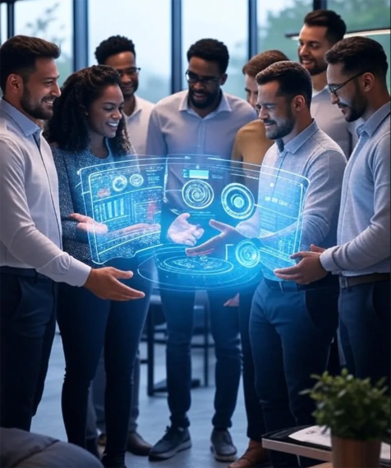 Futuristic AI interface for generative AI analytics in 2025 control room.