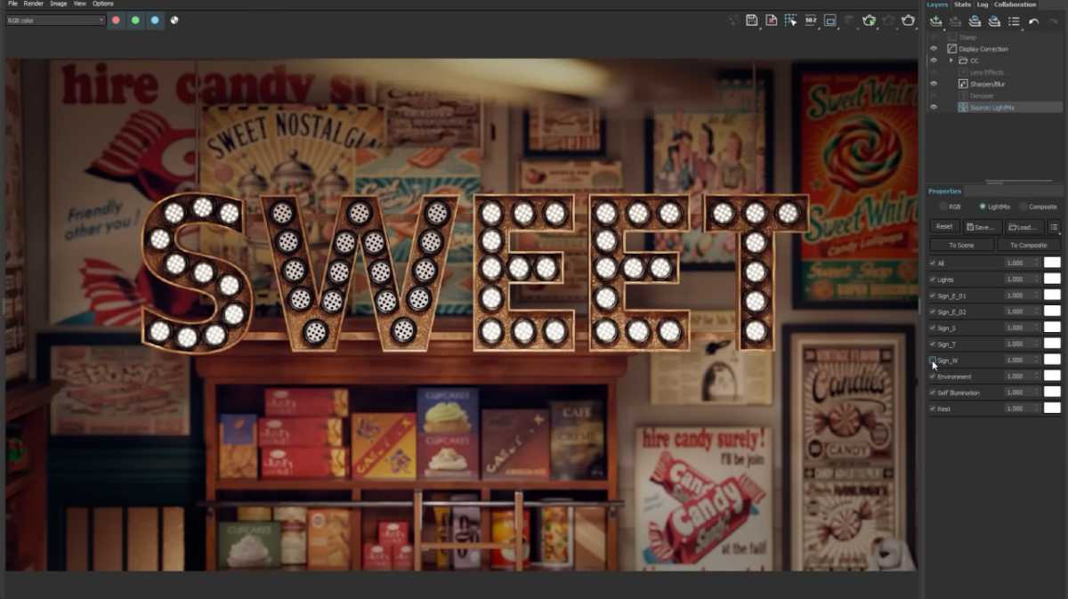 V-Ray 7 Update 2 LightMix controlling 256 light groups in Frame Buffer