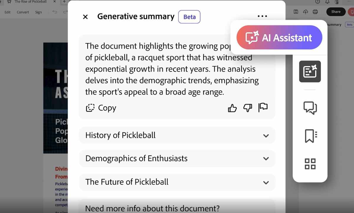 Generative AI in Adobe Acrobat Pro 2025 summarizing a contract document