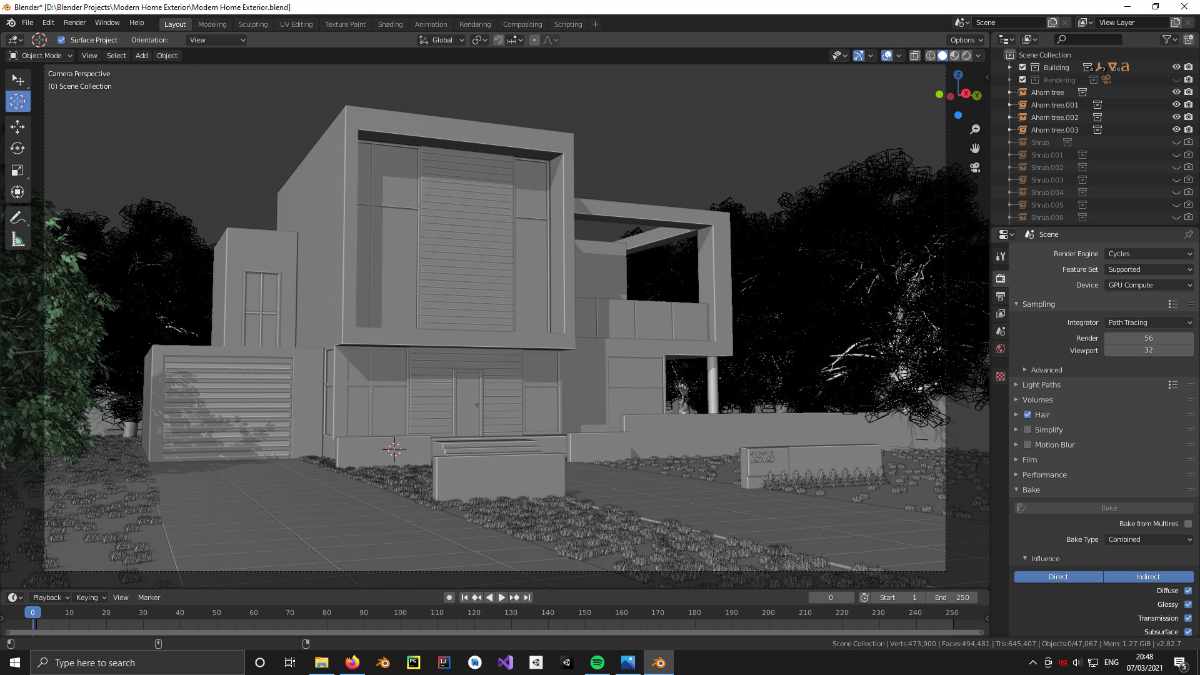 Blender 4.3 rendering a detailed architectural model in 2025.