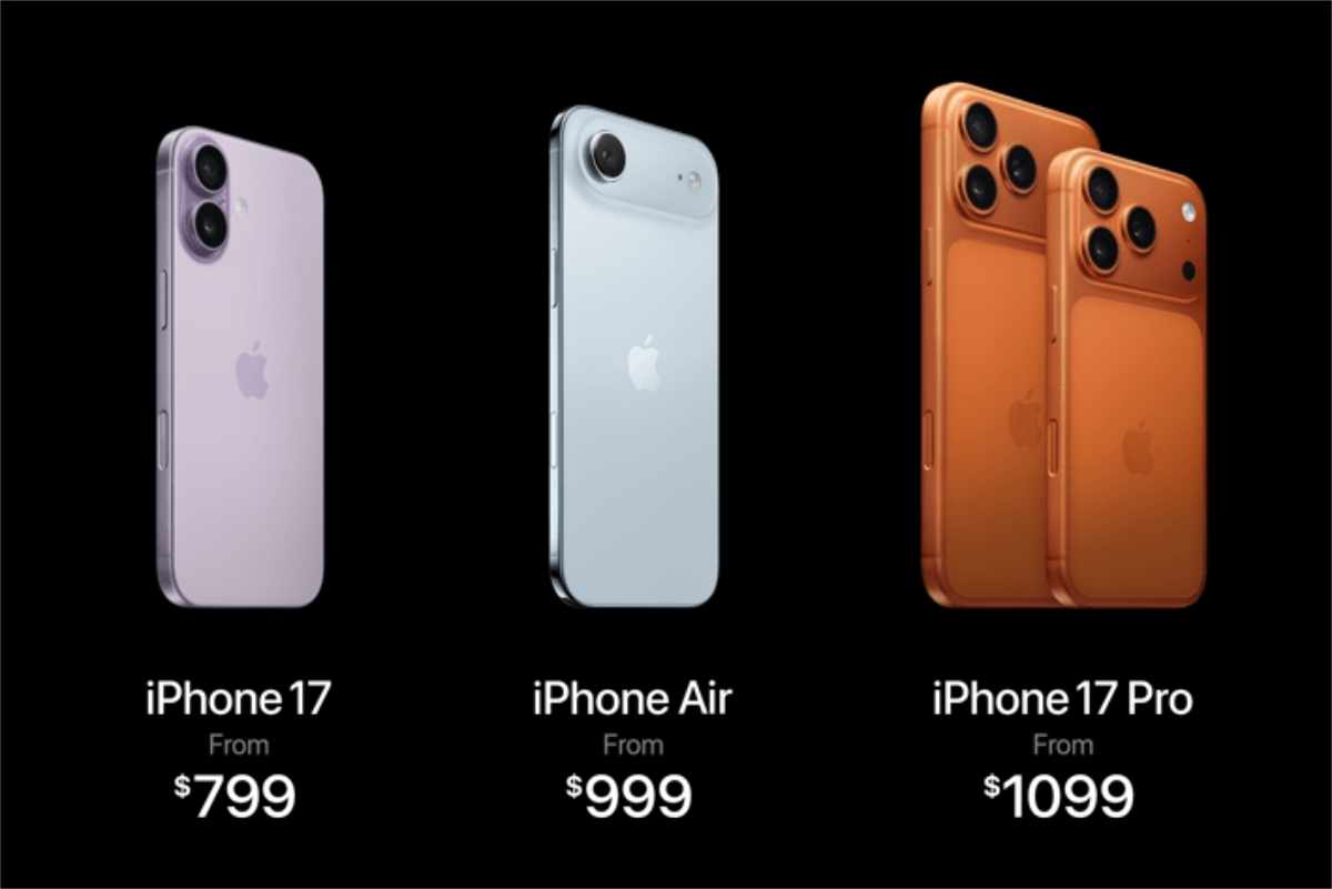 Price list infographic comparing iPhone Air 2025 storage options from 256GB to 1TB.