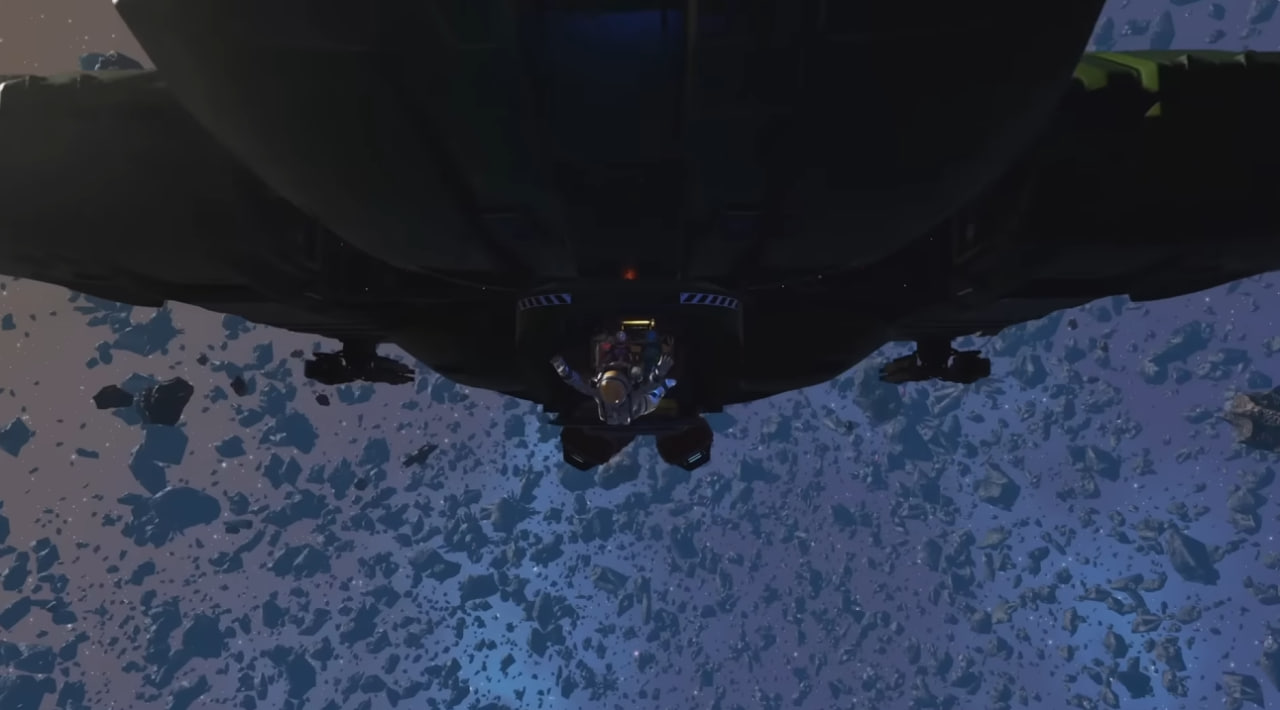 Players performing spacewalk outside their Corvette-class starship, floating weightlessly in space.