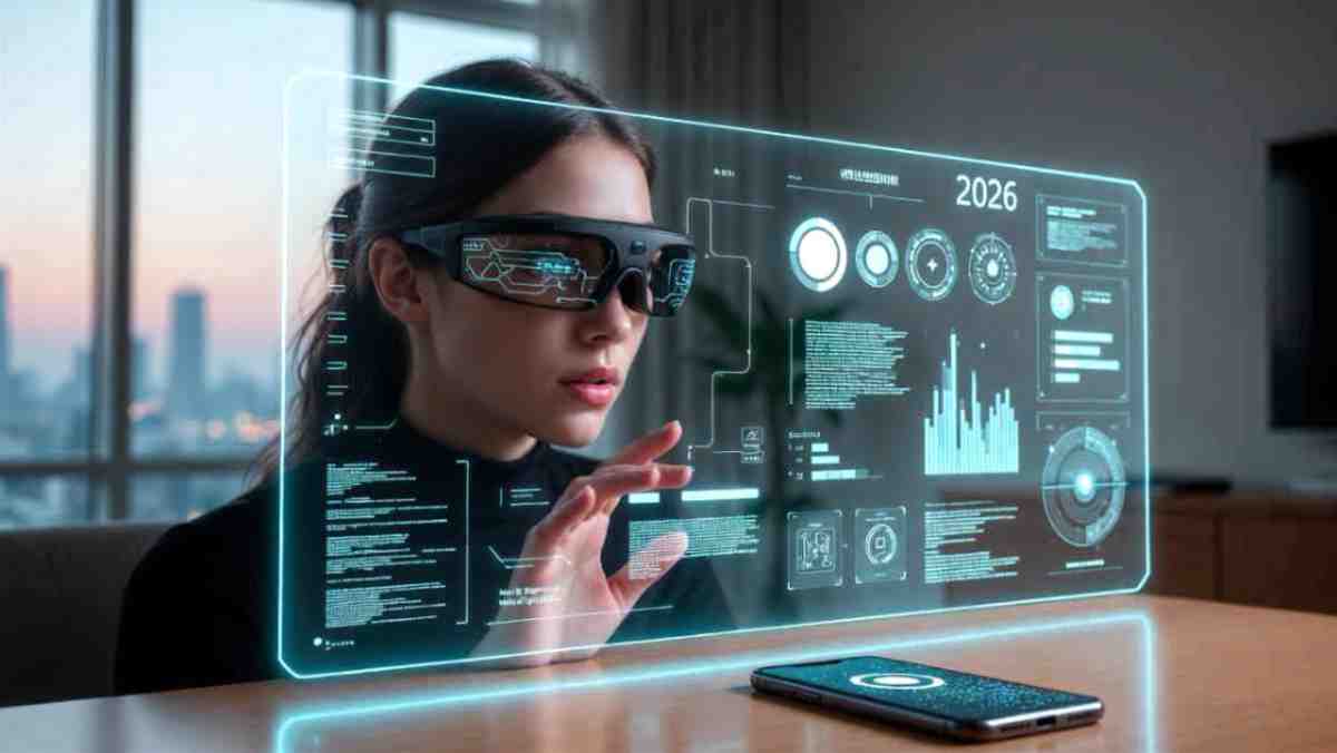 Person wearing futuristic AI smart glasses interacting with holographic interface while smartphone lies unused on the table, illustrating the end of phones in 2026.