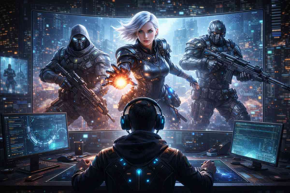 A futuristic NPC interacting with a player using generative AI technology