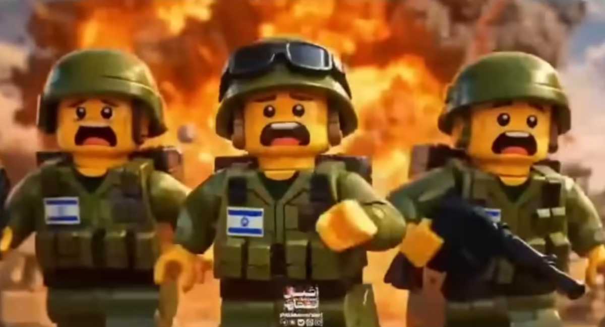 Lego Israeli soldiers reacting to explosions in the viral Iranian propaganda clip