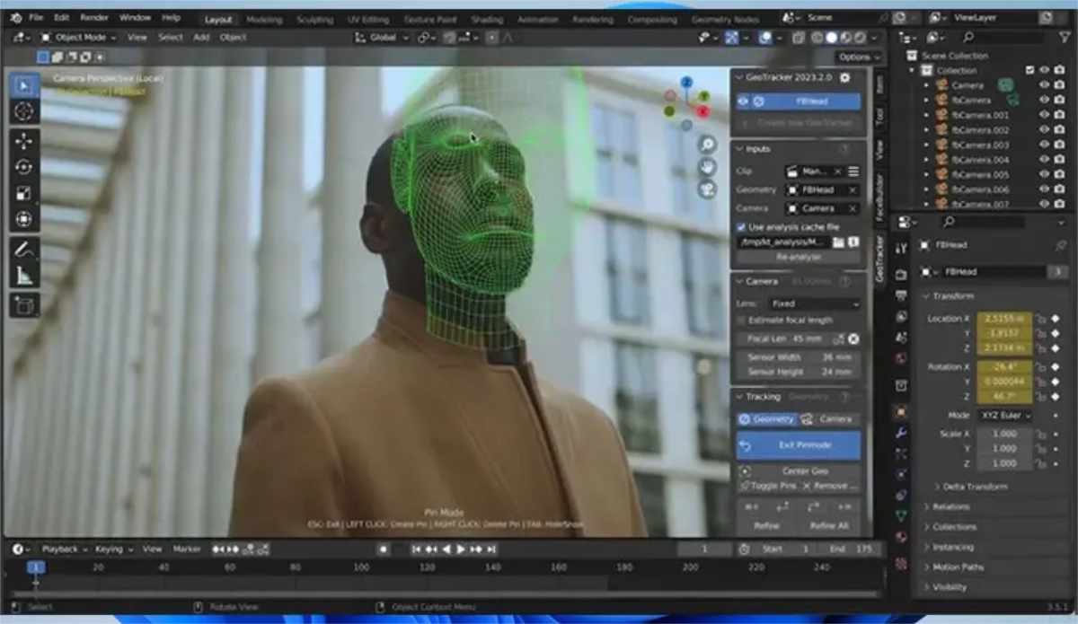 Custom FaceBuilder head model being tracked in Blender with GeoTracker, showing head‑tracking workflow for VFX replacement shots.