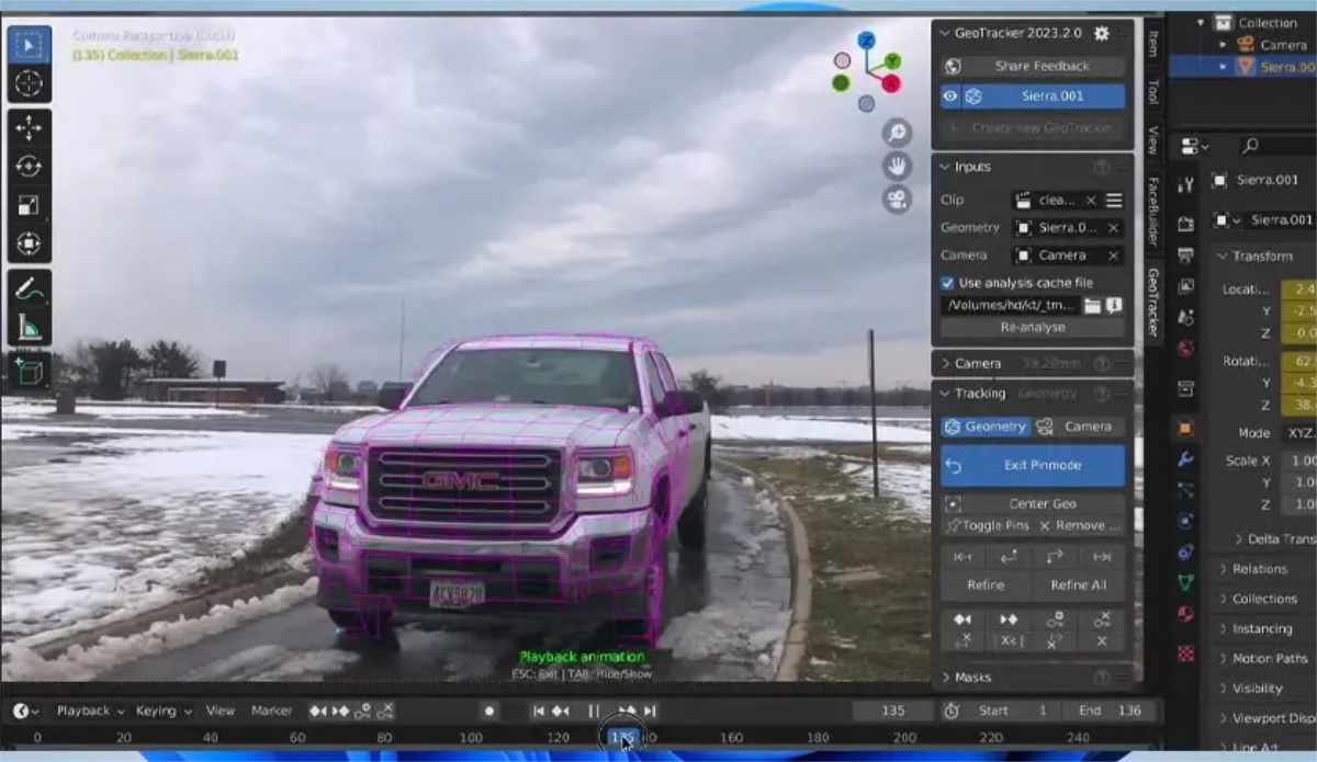3D car model aligned to a live‑action video clip in Blender, demonstrating geometry‑based motion tracking with GeoTracker pins visible on the mesh.