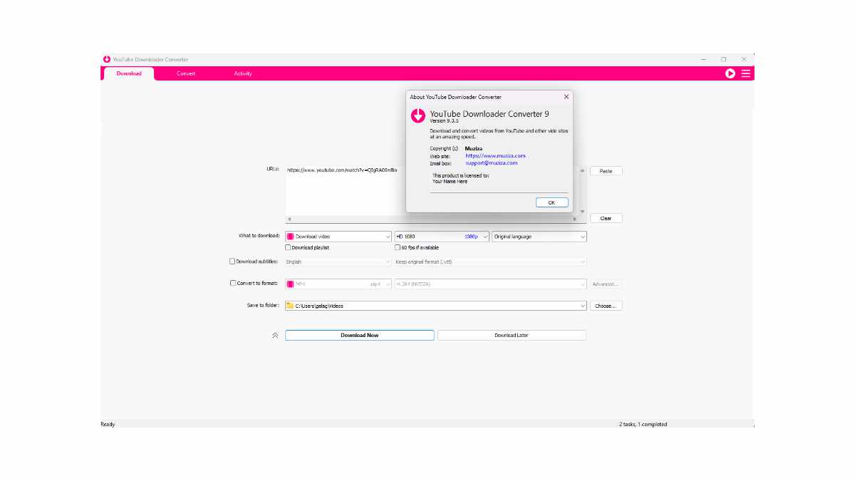 Muziza YouTube Downloader Converter 9.3.5 main window on Windows, showing a list of queued YouTube and social?media video links ready for download.