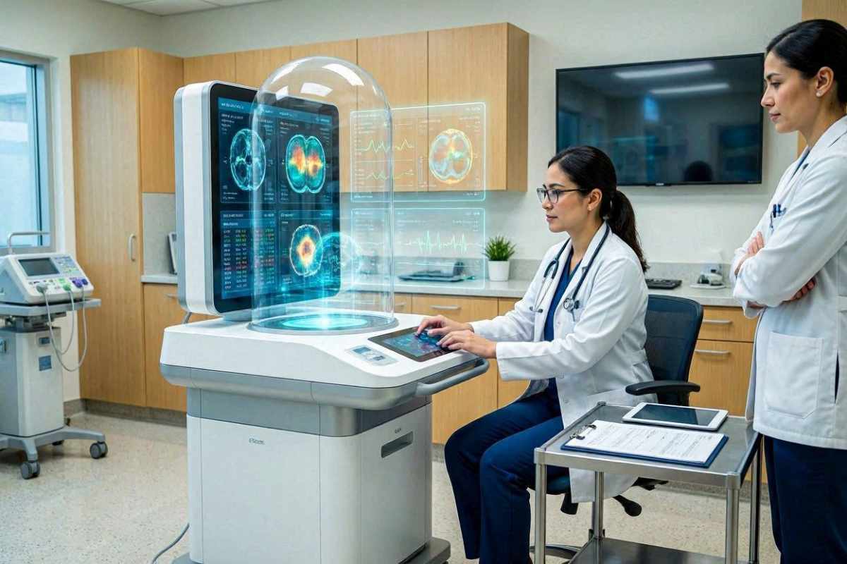 Two doctors in a modern clinic using a futuristic holographic workstation displaying brain scans and medical data.