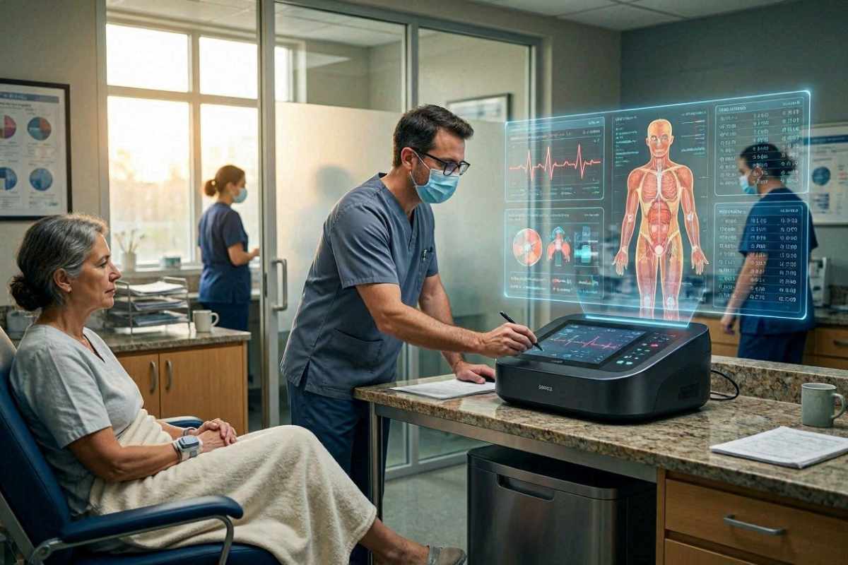 Doctor in scrubs consulting a patient while interacting with a holographic medical display showing human anatomy and vital signs.