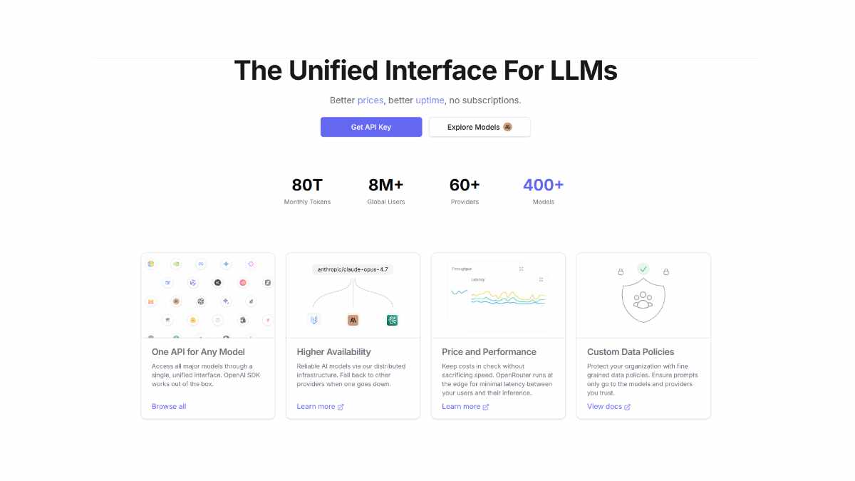 OpenRouter UI with a highlighted “Free AI Models” section, showing a list of free LLMs and vision models you can use without a paid plan.