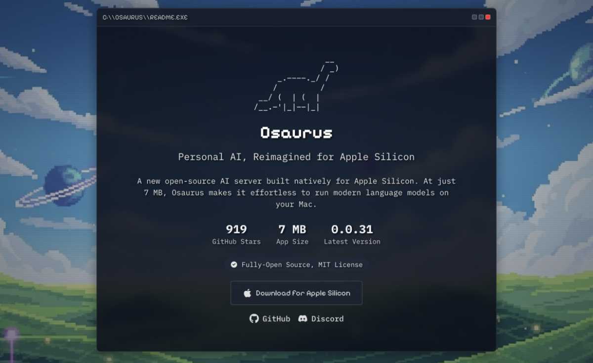 Screenshot of a Mac desktop with a simple UI for Osaurus, showing a local‑model prompt window, memory‑usage bar, and file‑access controls.