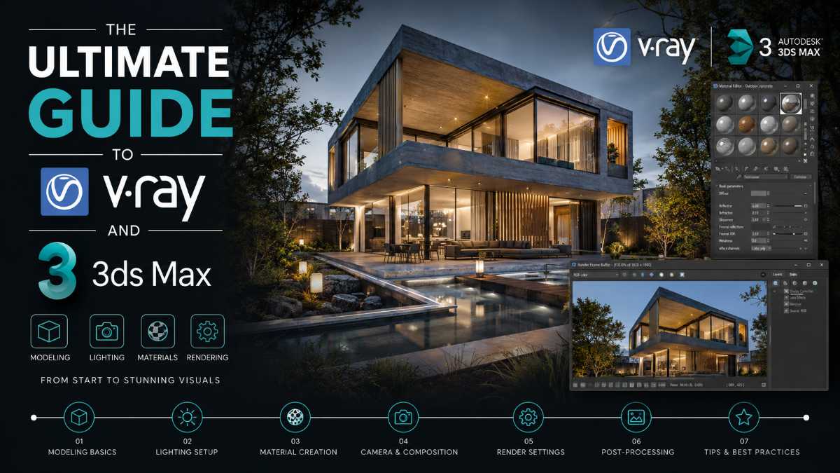 Ultimate Guide to V-Ray and Autodesk 3ds Max featuring a photorealistic modern villa render with software interface panels and tutorial workflow icons.