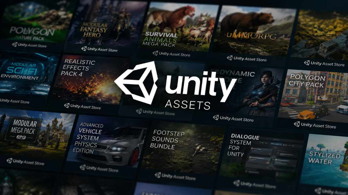 Screenshot of a Unity project window with several free asset packs loaded: a simple house, trees, UI elements, and a small terrain, showing how quickly you can build a basic level.