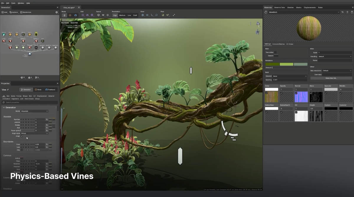 Detailed view of SpeedTree parameters for customizing tree species and foliage density.