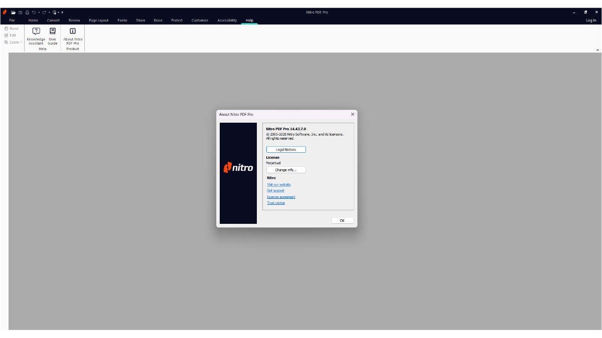 Popup about dialog with developer credits and license details