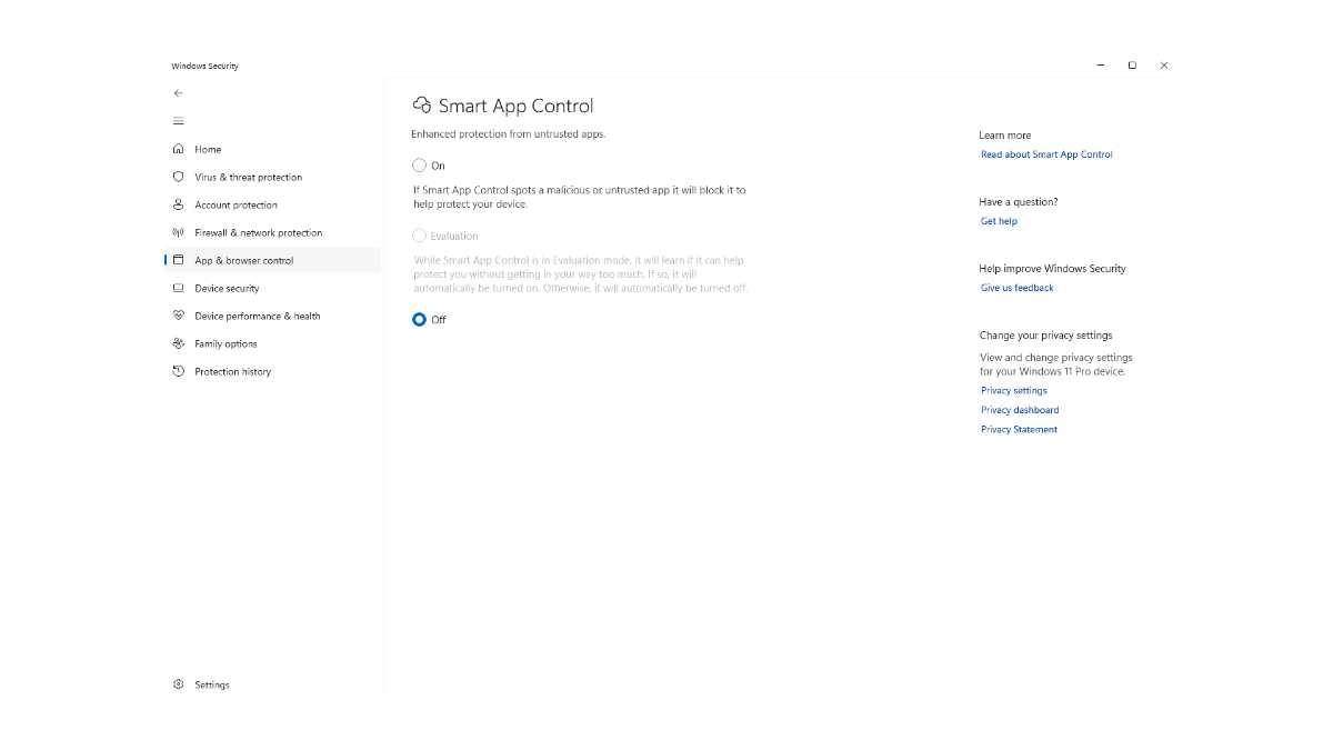 The Windows Security dashboard displaying the App and browser control section, which contains the Smart App Control settings.