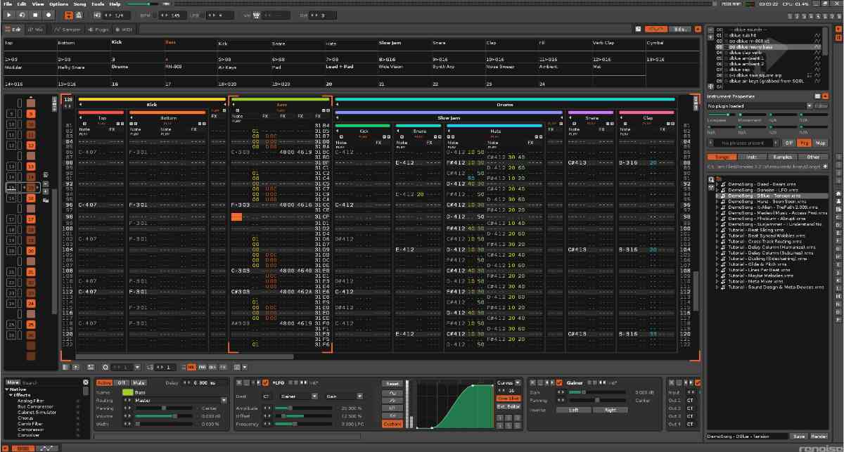 Screenshot of the Renoise music software interface showing multi-track pattern sequencing, instrument properties, VST plugin lists, and the LFO effects panel.