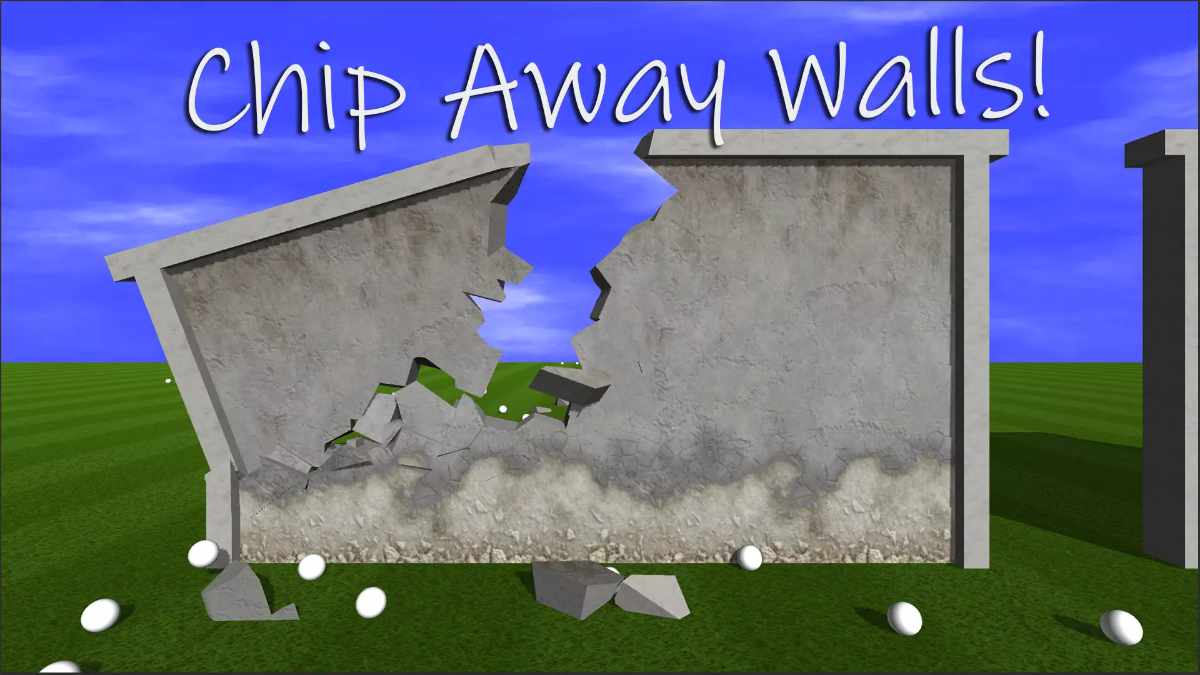 Destructible environment in Unity featuring broken columns and shattered walls created with DinoFracture.
