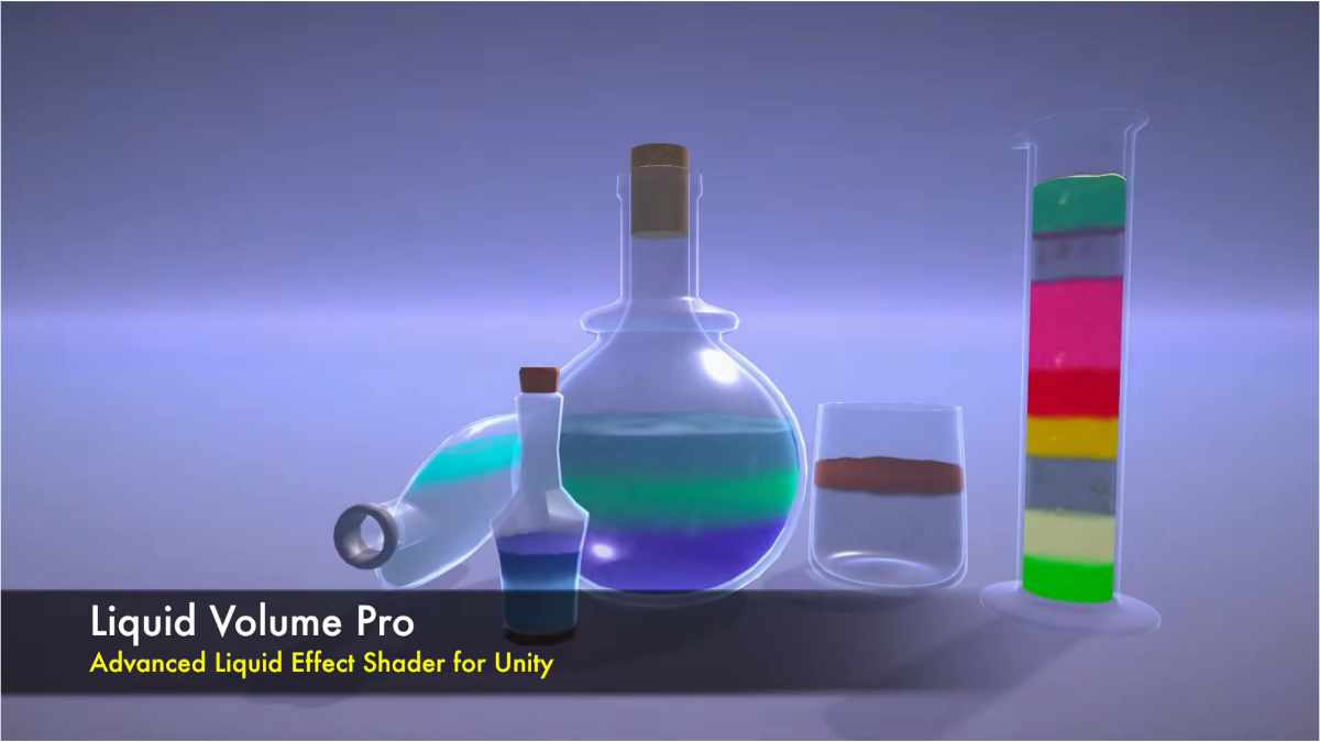 Real-time liquid mixing and potion shader simulation in Unity using Liquid Volume Pro 2 with multiple miscible layers.