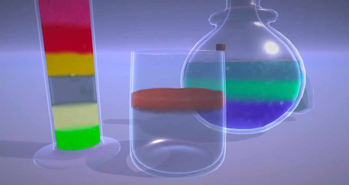 Multiple miscible liquid layers dynamically sorting by density inside a Unity volumetric flask asset.