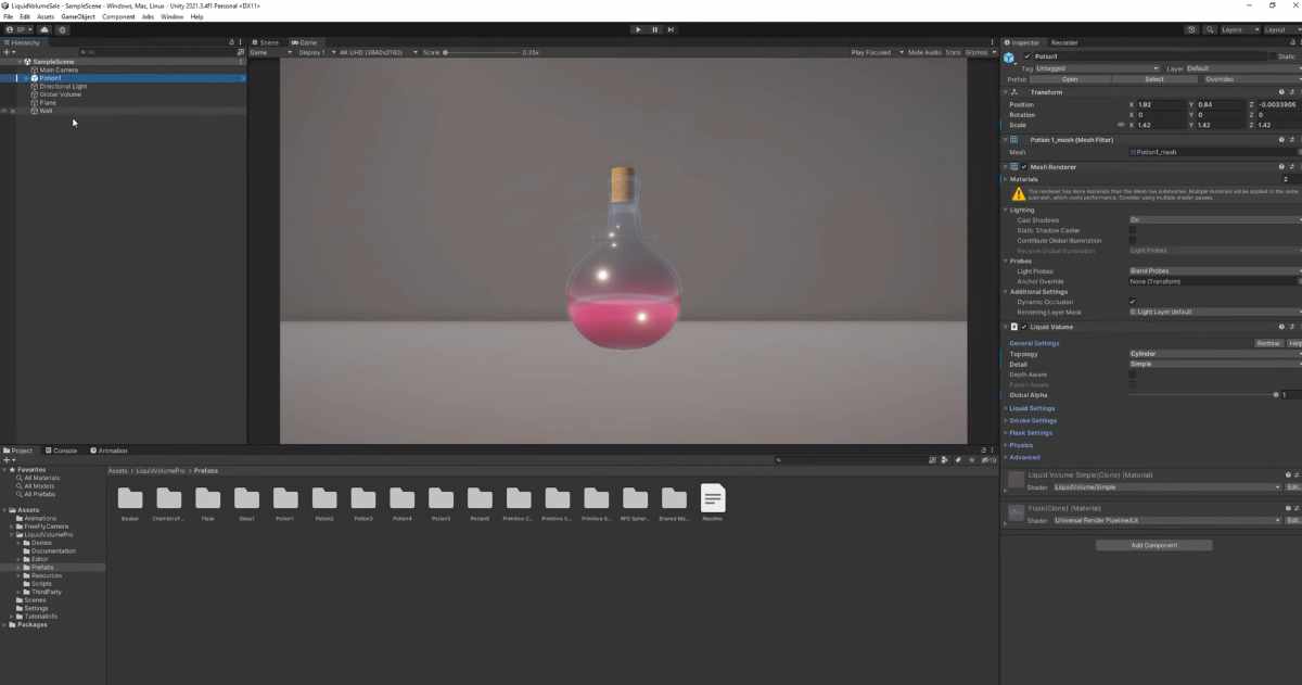 Close-up of dynamic bubble effects and virtual animated point lights inside a glowing magic potion in Unity.