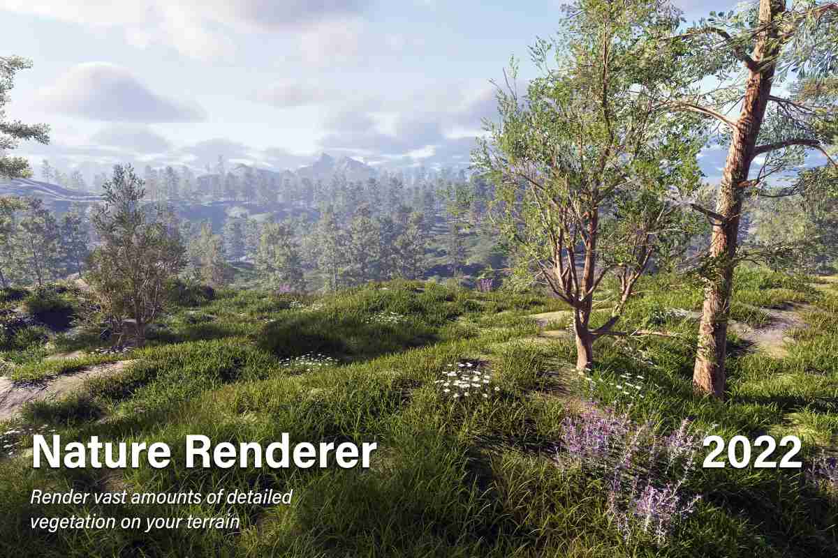 Vast field of detailed grass and vegetation rendered with Nature Renderer in Unity, showing high density and performance.