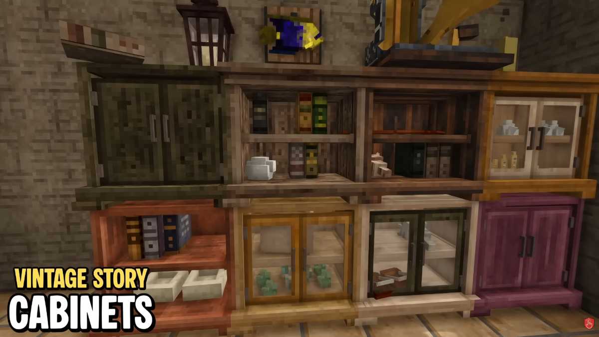 Various new cabinet and furniture designs displayed on a stone wall in the Vintage Story 1.22 update.