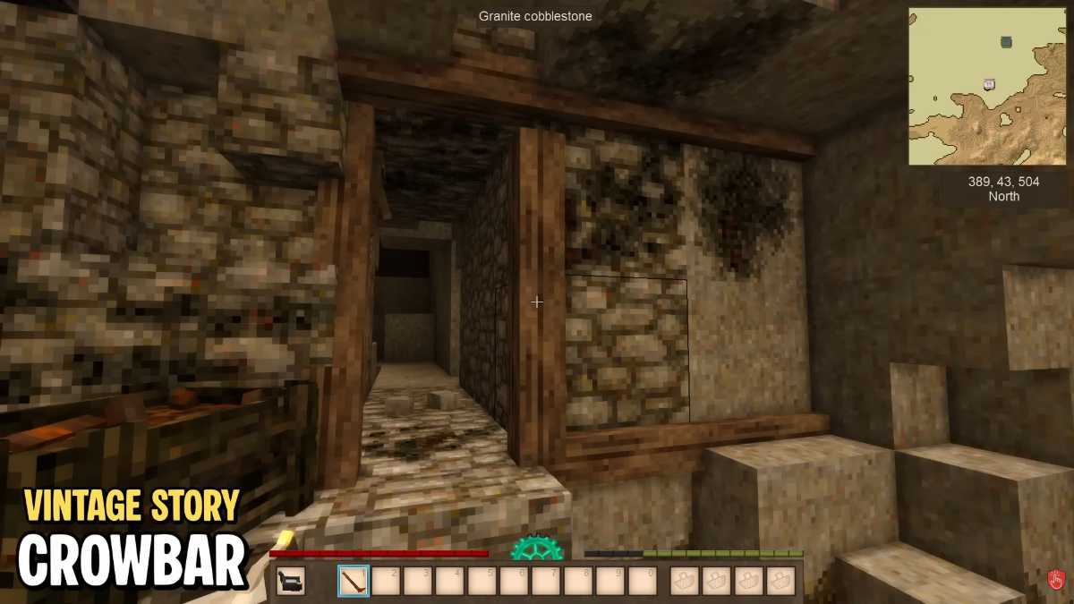 Exploring ancient granite cobblestone ruins with a crowbar and wooden chest in the Vintage Story 1.22 update.