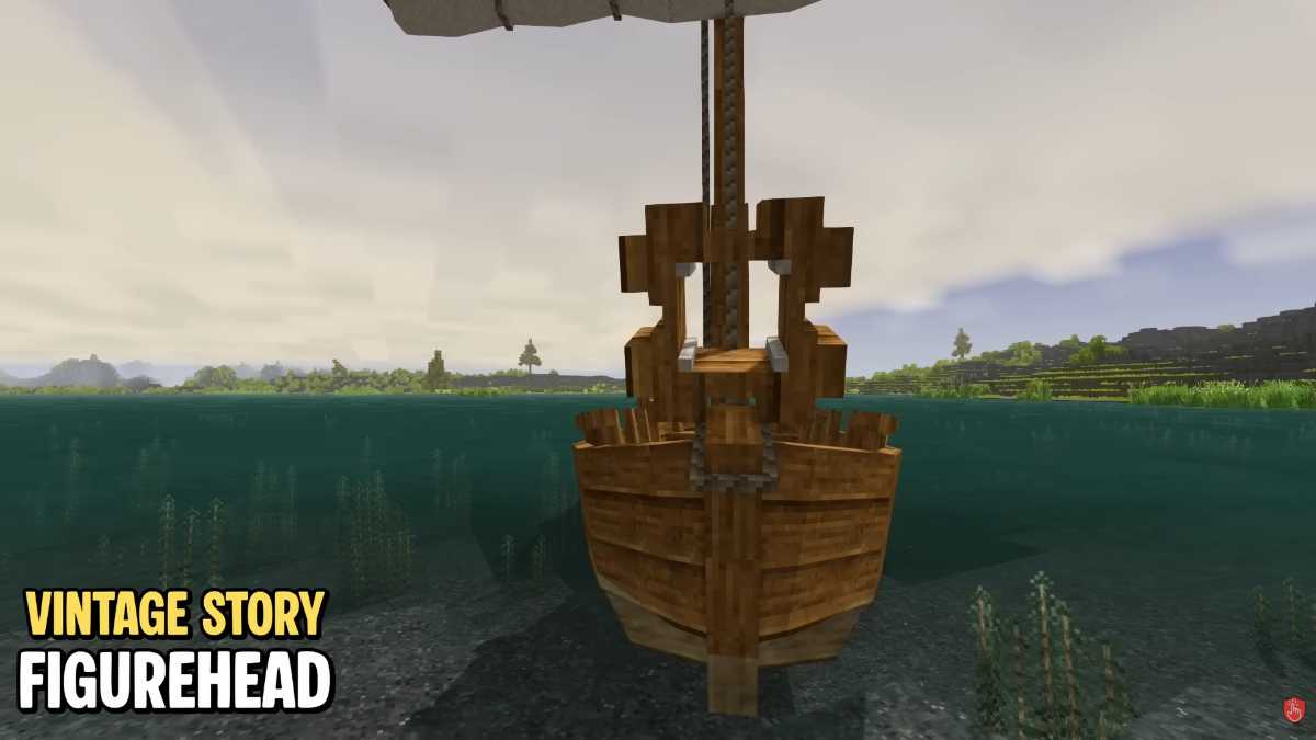 Vintage Story 1.22 update showcasing a detailed pixel art wooden ship with a figurehead sailing on the water.