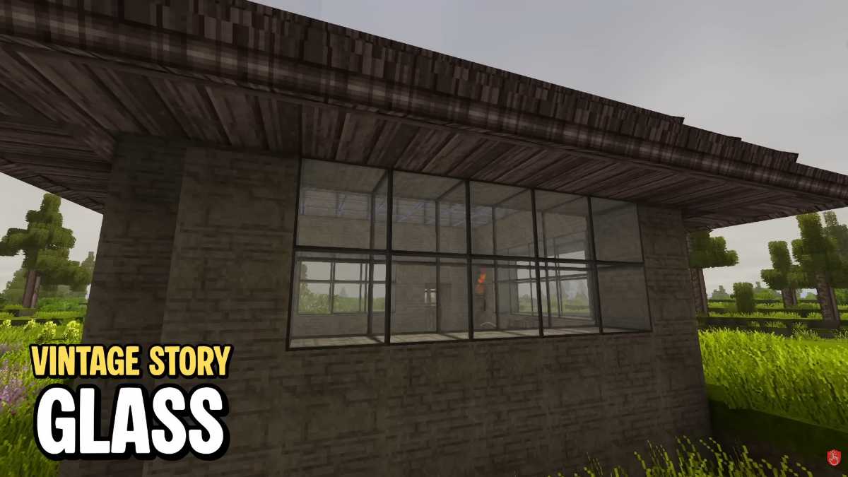 A brick and wood building featuring large glass windows introduced in the Vintage Story 1.22 update.