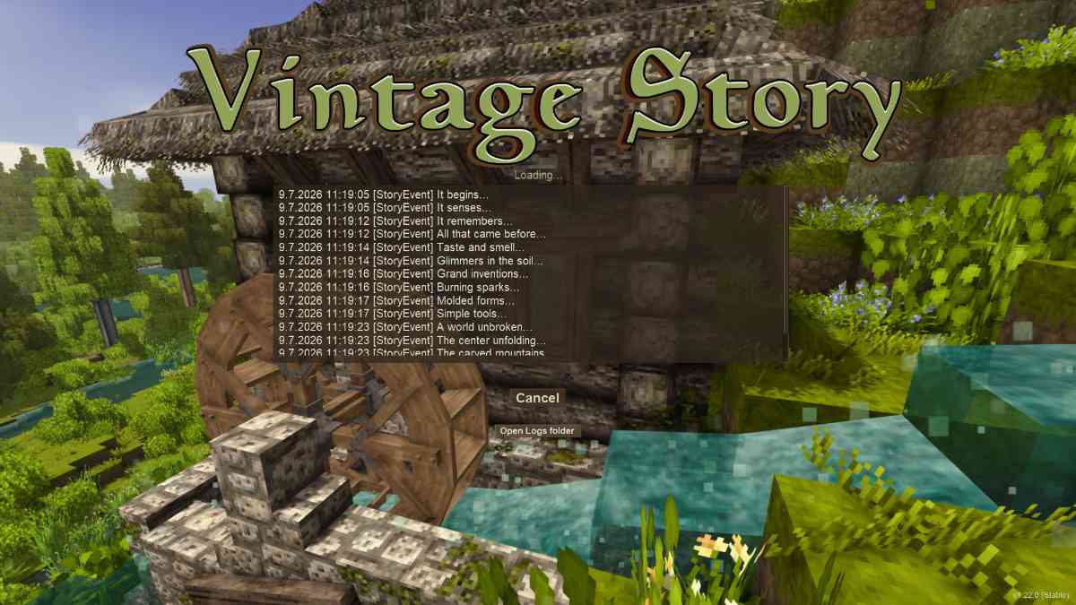 Vintage Story loading screen featuring a pixel art background with a thatched cottage and water wheel, alongside a console log of story events.