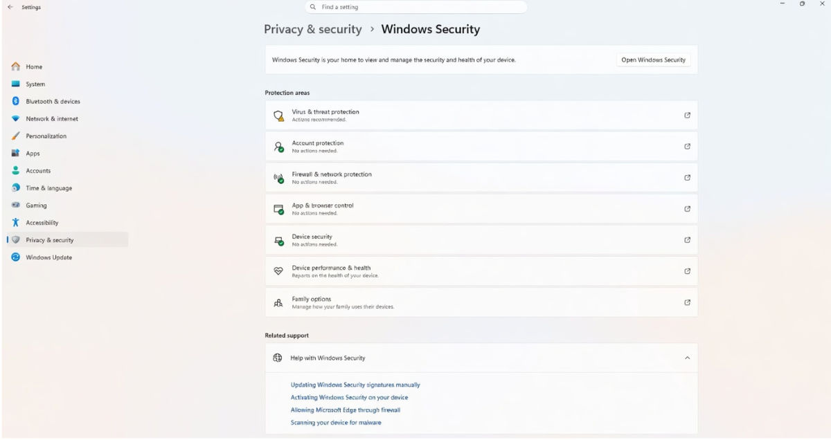 Windows 11 Settings menu highlighting the Privacy and security tab where users can access the Windows Security dashboard.