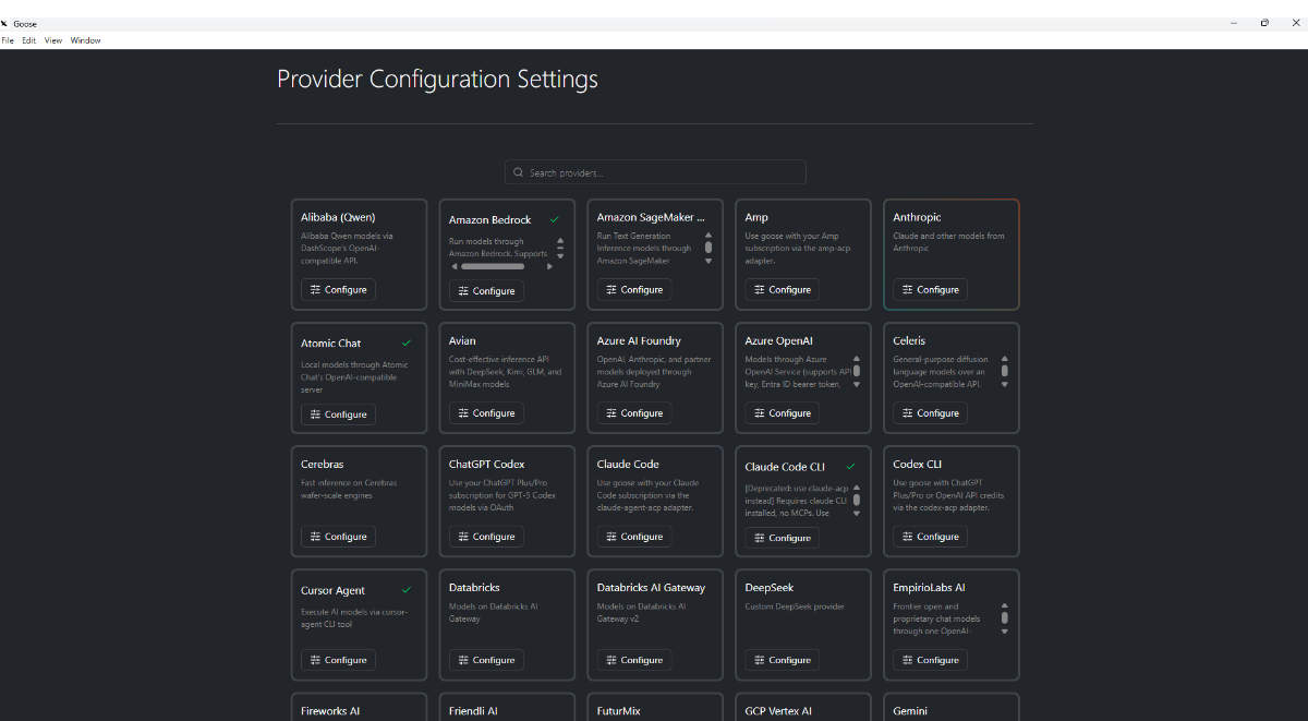 Screenshot of an AI agent settings menu displaying a list of paid LLM providers like OpenAI and Anthropic, requiring users to input a paid API key to activate the software.