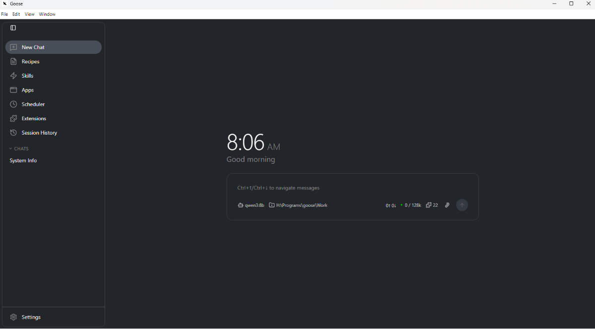 Screenshot of a local Goose AI agent interface