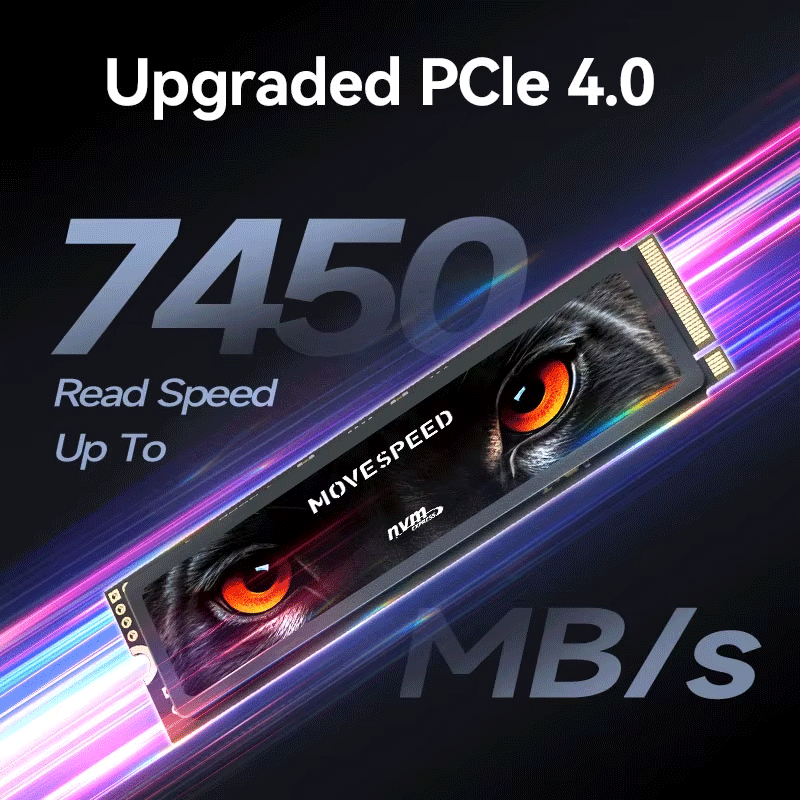 MOVESPEED NVMe SSD PCIe 4.0 with read speed up to 7450 MB/s, featuring glowing predator eyes and colorful speed trails symbolizing high performance.